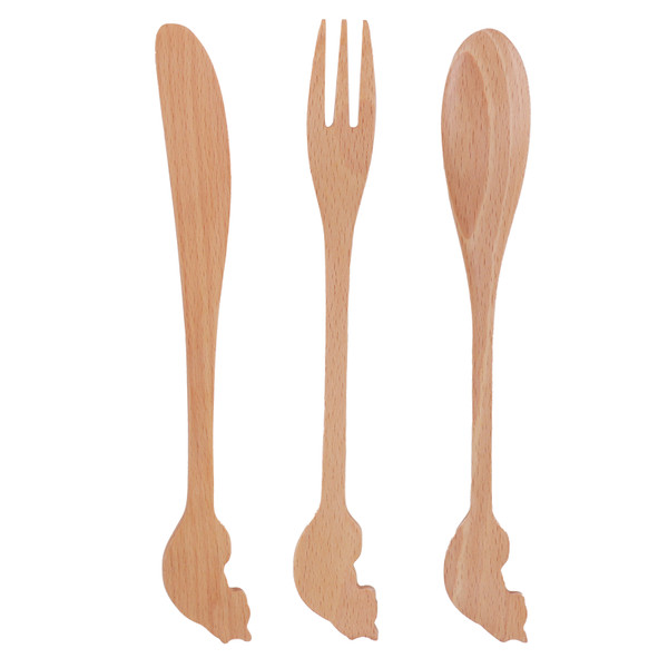 Japanese Style Cutlery Set Long Handle Wooden Spoon Fork Knife Kitchen Cooking Utensil Tools