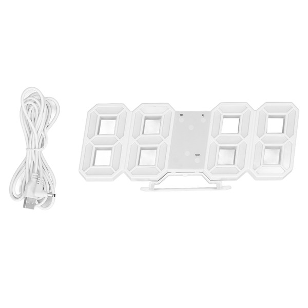 3D LED Wall Clock Minimalist White Frame Digital Wall Alarm Clock Timer with Temperature for Home Livingroom White Word