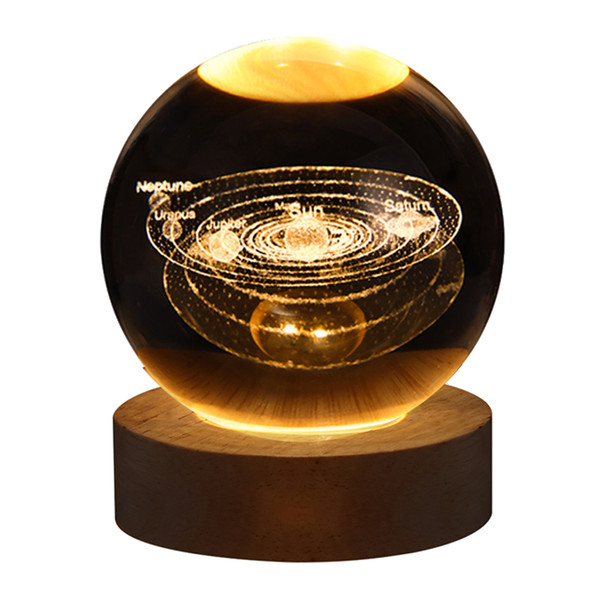 3D Crystal Ball Night Light Inner Carved Luminous Glass Ball Ornament with Wooden Base for Home Decor
