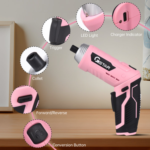 GSTAR Cordless Screwdriver Kit with LED Light Spindle Lock Adjustable 2 Position Handle 240rpm 3.6V Battery Operated USB Charging Electric Screwdriver Power Tools with 9pcs CRV 25mm Bits H1/4 magnetic extension for Drilling