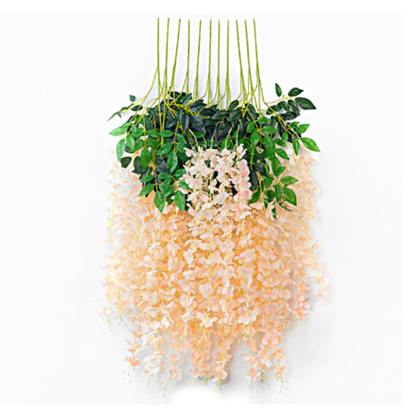 Simulated 6 Leaves Wisteria Decoration Silk Flower Artificial Faux Indoor Vine Wisteria Ornament for Home Champagne Color
