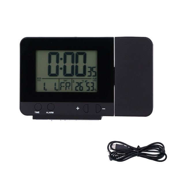 Black Projection Clock with Time Temperature LCD Screen USB Charging Clock for Home
