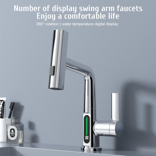 Kitchen Faucet with Pull Down Sprayer LED Temperature Display Adjustable Height and 360 Degrees Swivel 3 Modes Single-Handle Stainless Steel Pull-Out Basin Mixer Tap
