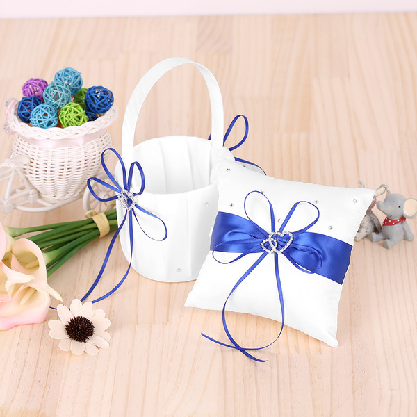 6 * 6 inches Double Heart Satin Ring Bearer Pillow and Wedding Flower Girl Basket Set with Rhinestone Ribbon Decoration Blue