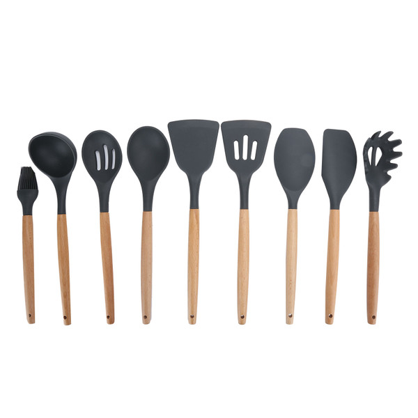 9Pcs set Silicone Kitchenware Kit NonStick Cooking Utensils Baking Tool with Wooden Handle