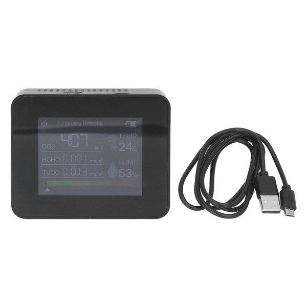 Portable Carbon Dioxide Detector USB Charging Temperature and Humidity Tester with Color Screen Display for Home Black