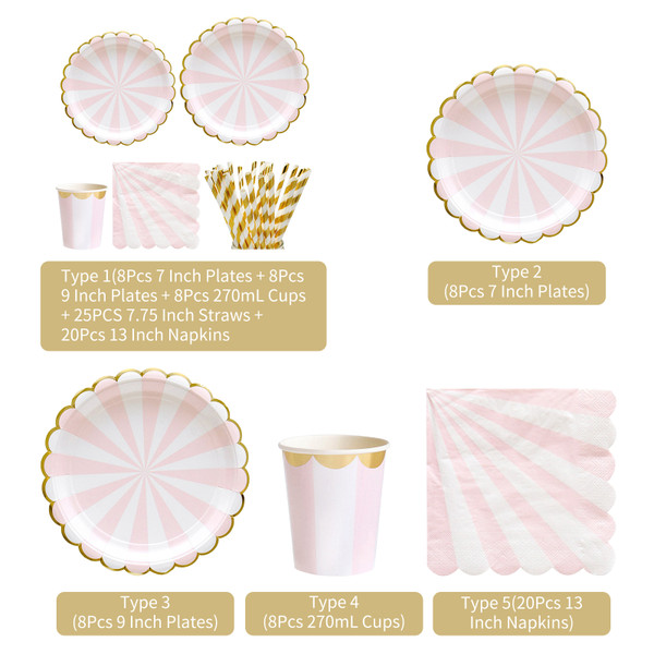 8PCS Disposable 7 Inch Plates Pink Stripes Compostable Paper Tableware Set Ecological Degradable Dinnerware for Birthday Barbecues Camping Picnics Party