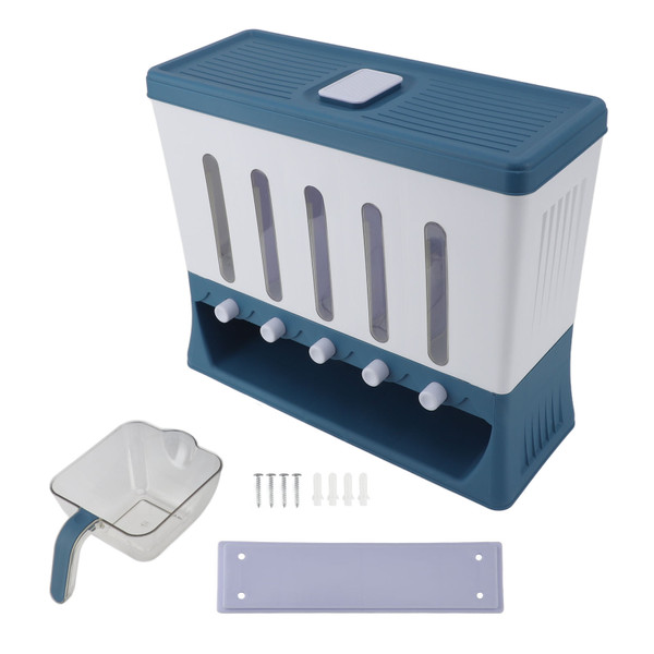 Wall Mounted Rice Dispenser Box 5 Compartment Large Capacity Cereal Rice Grains Separate Storage Box Rice Bucket Container Dark Blue
