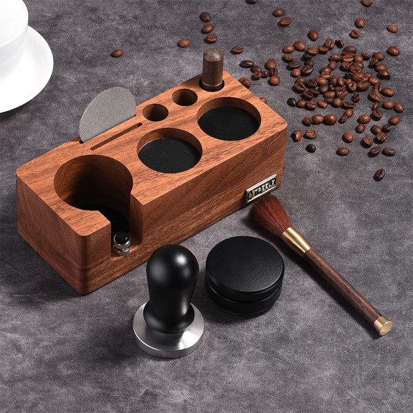 6 Pack Espresso Accessories Kit Wooden Tamper Station Coffee Distributor Tamper Espresso Stirrer Puck Screen with Cleaning Brush 6-in-1 Multipurpose Espresso Tools for Bar Home Office 58mm