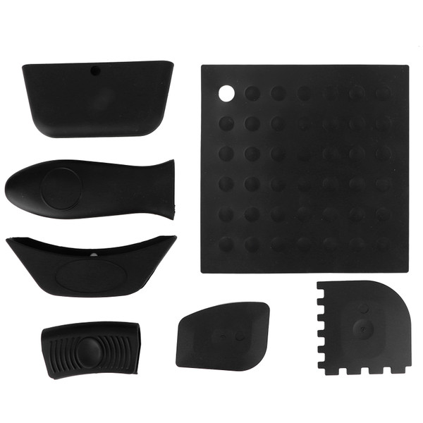 7Pcs set Pot Holder AntiScald Silicone Grill Pan Scraper Handle Cover Set Kitchen Accessory(Black )