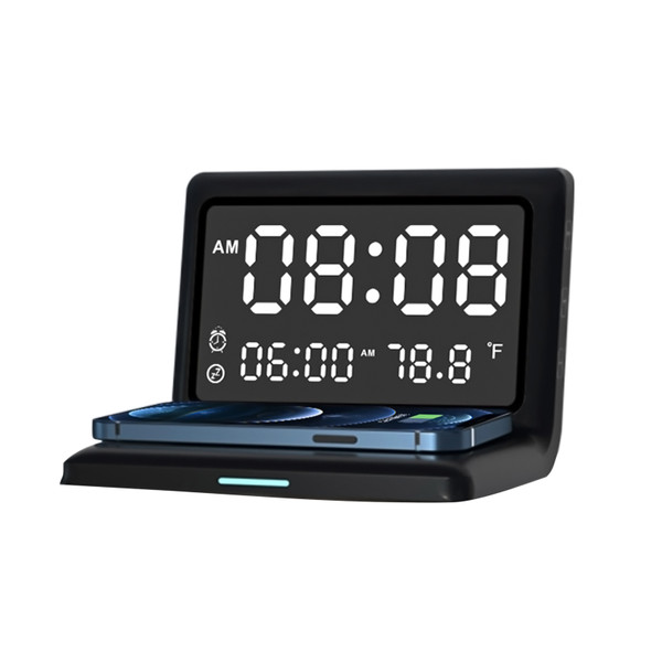 Multifunctional Digital Mirror Clock 15W Wireless Charging Alarm Clock with Large Dimmable Display Screen Snooze Function USB Output for Bedroom Living Room Office