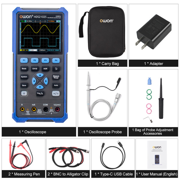 OWON HDS2102S 3 in 1 Handheld Digital Oscilloscope Multimeter Waveform Generator 100MHz 500MSa/s Dual Channels Oscilloscope True RMS 20000 Counts Multi Tester 3.5-inch Color LCD Rechargeable Type-C Interface