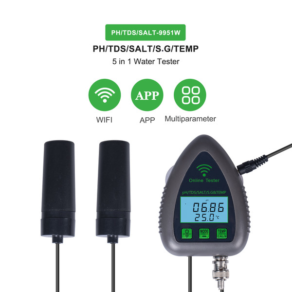 9951W Bluetooth Wifi Digital Water Quality Tester Mini 5 in 1 Water Analyzer PH / TDS / SALT / S.G / Temperature APP Remote Monitoring Alarm Notification for Drinking Water Aquarium Hydroponics Lab