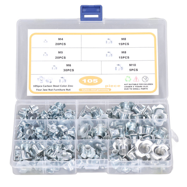 105Pcs T Nut Tee Nuts M4‑M10 Galvanized Carbon Steel Assortment Set Kit for Maintenance