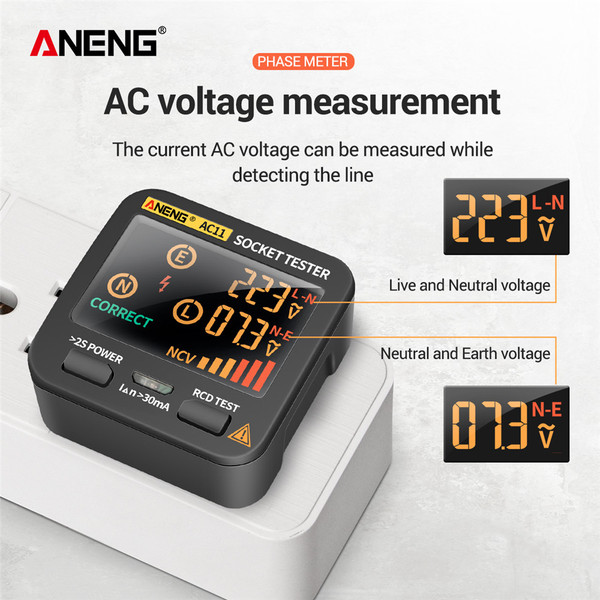 ANENG AC11 Socket Tester Electric Leakage Detector LCD Display Ground Wire Zero Line Live Wire Phase Multifunctional Electrical Electroscope RCD NCV Electric Tester Circuit Polarity Detector UK Plug