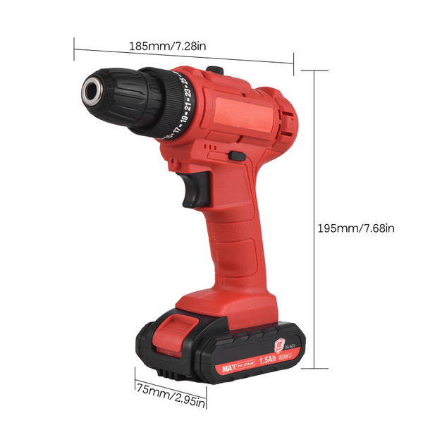 21V Portable Cordless Electric Drill 3/8 Inch Chuck Handheld Power Drill Screwdriver with 1.5Ah Battery Fast Charger, Bits Sleeves Extension Shaft, LED Work Light 2-variable Speed 25+1 Torque Adjustment 30N.m