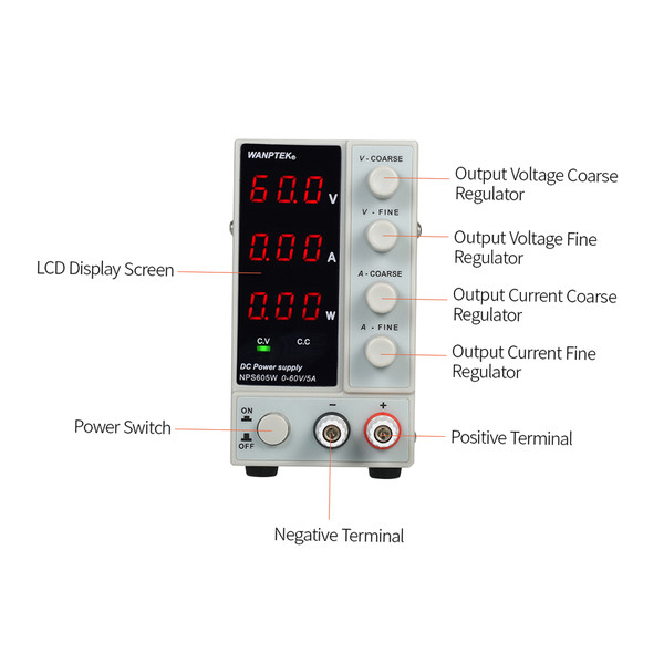 wanptek NPS605W 0-60V 0-5A Switching DC Power Supply 3 Digits Display LED High Precision Adjustable Mini Power Supply AC 115V/230V 50/60Hz Voltage & Current Regulated Dual Output