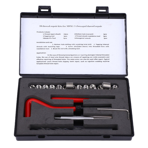 20 Pcs Thread Repair Kit M9x1.5 Stainless Steel Rethreading Tap Set for Female Thread Repairing