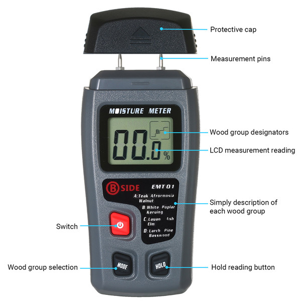 Wood Humidity Meter 4 Modes Portable Hygrometer Pin Type Timber Humidity Instrument Handheld Water Leak Detector LCD Display