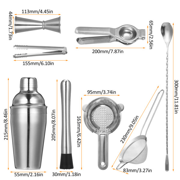 Portable Bartender Kit, 9-Piece Stainless Steel Cocktail Shaker Set with Leather Bag, Drink Mixer Set, Professional Bar Tools for Drink Mixing, Home, Bar, Parties