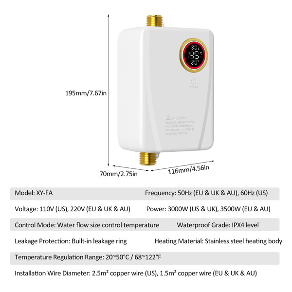 Instant Water Heater 3500W 220V White Mini Tankless Instant Hot Water Heater Bathroom Kitchen Washing With Digital Temperature Display for RV Kitchen Bathroom