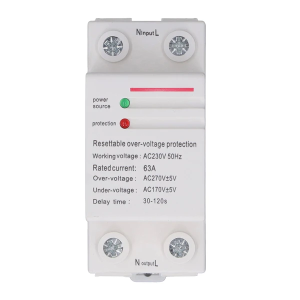 Over Under Voltage Protector Automatic Reset Current Delay Protector Single Phase DIN Rail Mount 220‑240V 63A