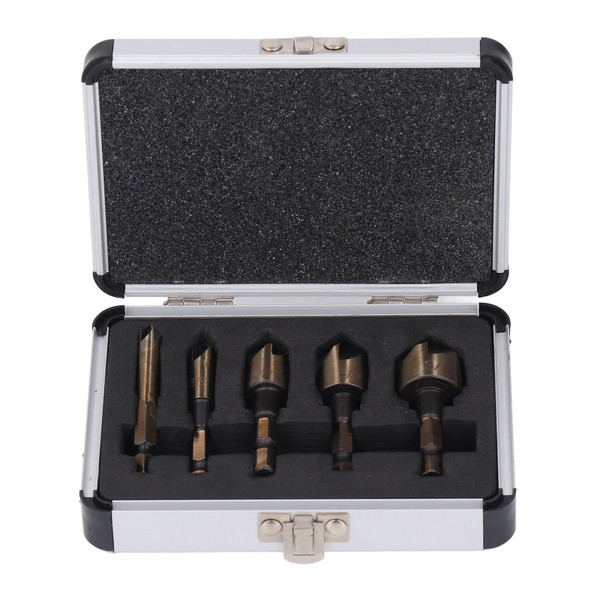 5 Pcs Countersink Drill Bit 1/4in 3/8in 1/2in 5/8in 3/4in 5 Flute Countersink Bit with 1/4in Hex Shank for Wood Metal