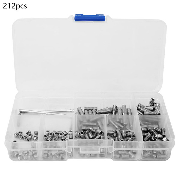 212pcs M4 Hex Socket Flat Point Set Screw 304 Stainless Steel Grub Screw Kit with Hex Key