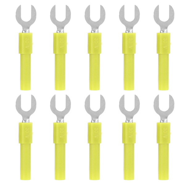 10pcs Fork Spade Wire Connectors Brass Material 6mm/0.2in Y Type 4mm/0.2in Hole Banana Plug 30Vac‑60Vdc Maximum.10AYellow