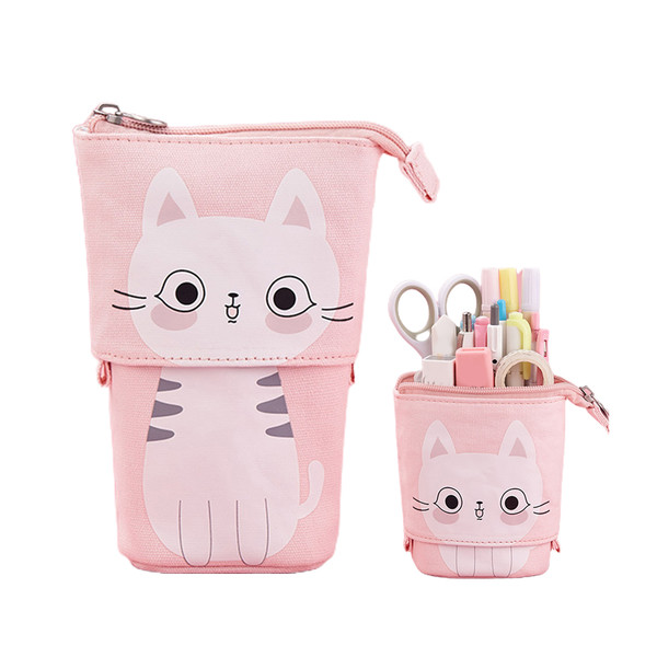 Cartoon Stand Pencil Holder Telescopic Cute Cat Pencil Case Canvas Stationery Makeup Bag for Boys Girls Students