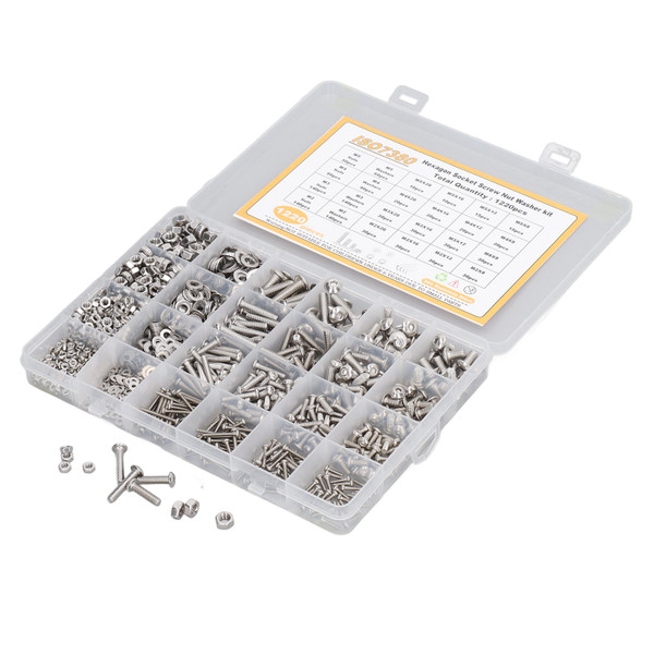1220Pcs 304 Stainless Steel Hex Socket Screw Nut Washer Kit Strong Wear Resistance M2 M3 M4 M5 Fasteners