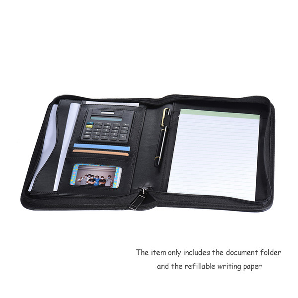 Portable Professional Business Portfolio Padfolio Folder Document Case Organizer A5 PU Leather Zippered Closure with Calculator Card Holder Memo Note Writing Pad