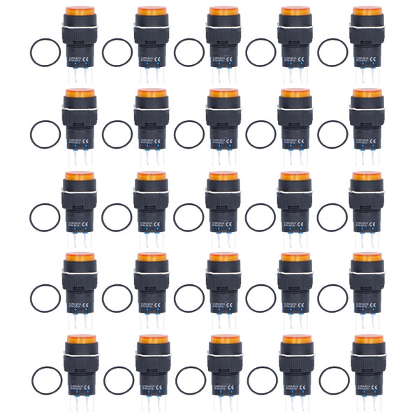 25Pcs Button Switch Momentary Self Locking 8 Pin 16mm Round with Light 12V for ControlYellow