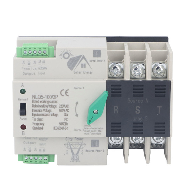 AC220V Dual Power Automatic Transfer Switch 3P Millisecond Switching PV to Mains Mini Automatic Transfer Switch ATS 100A