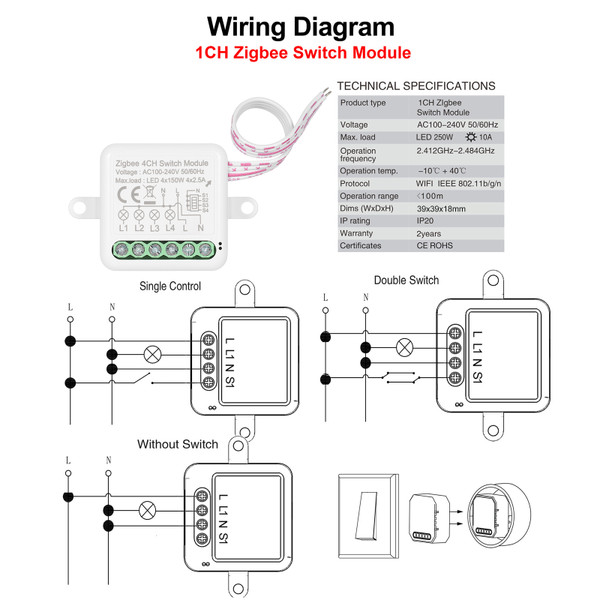 1CH Zigbee Mini Smart Switch Relay Module Support 2 Way Control Switch for Smart Home Automation, Works with Alexa  Home