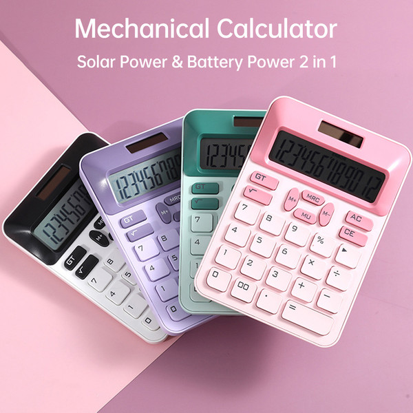 Mechanical Calculator 12 Digit Large Solar Power and LCD Display Big Button Cute Candy Colored Calculator Suitable for Office School Home for Kids Students Accountant - Pink