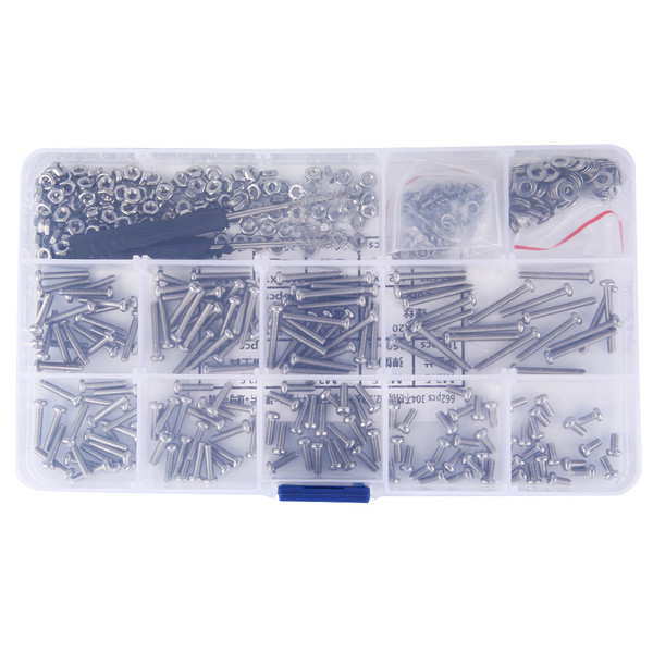 662PCS M2.5 Screw Set 304 Stainless Steel Pan Head Cross Machine Screw+Flat Elastic Washer+Nut