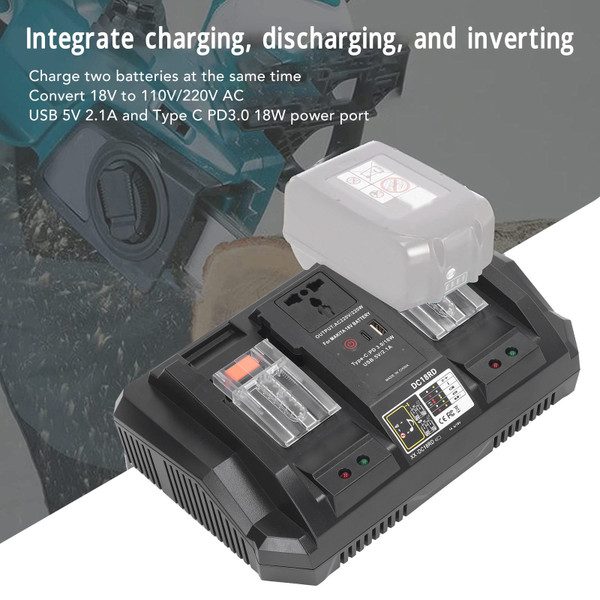 Dual Ports Battery Charger 14.4V 18V Lithium Ion with  220W Inverter LED Light