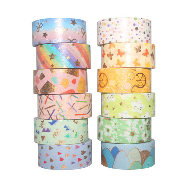 12 Rolls Washi Tape Set Cute Pattern Gold Foil Masking Tape 15mm Wide Adhesive Decorative Tape Sticker for DIY Crafts Journals Planners Scrapbooking Card Gift Wrapping