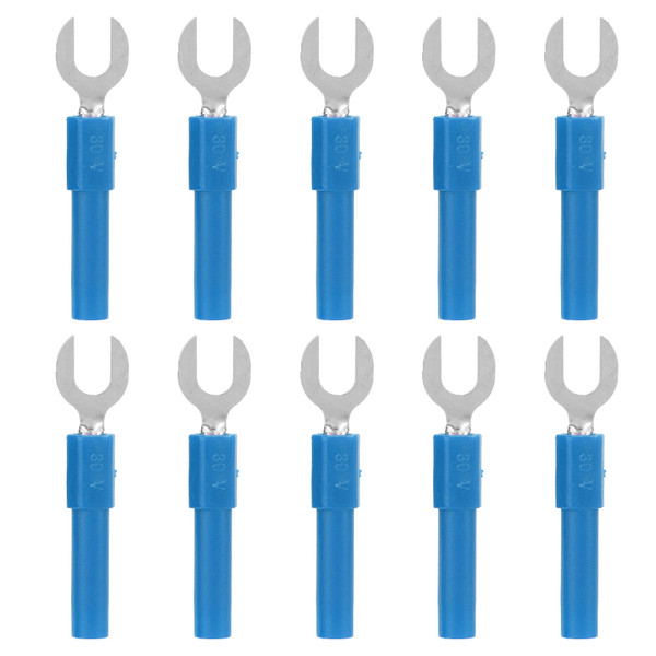 10pcs Fork Spade Wire Connectors Brass Material 6mm/0.2in Y Type 4mm/0.2in Hole Banana Plug 30Vac‑60Vdc Maximum.10ABlue