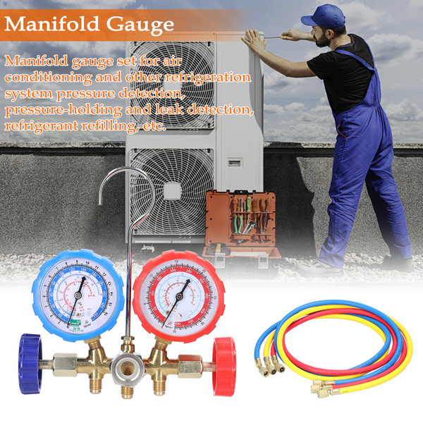 Manifold Gauge Set Air Conditioning Refrigerant Charging Tool Brass Dual-Valve Pressure Gauge with 5ft Hose Quick Coupler Adapters for R12/R22/R134a/R502 Refrigerant