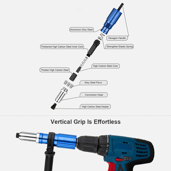 Rivet Gun Adapter for Electric Drill Cordless Riveting Tool with Wrench Detachable Handle 3/32'' 1/8'' 5/32'' 3/16'' Rivet  Nuts Spare Paw
