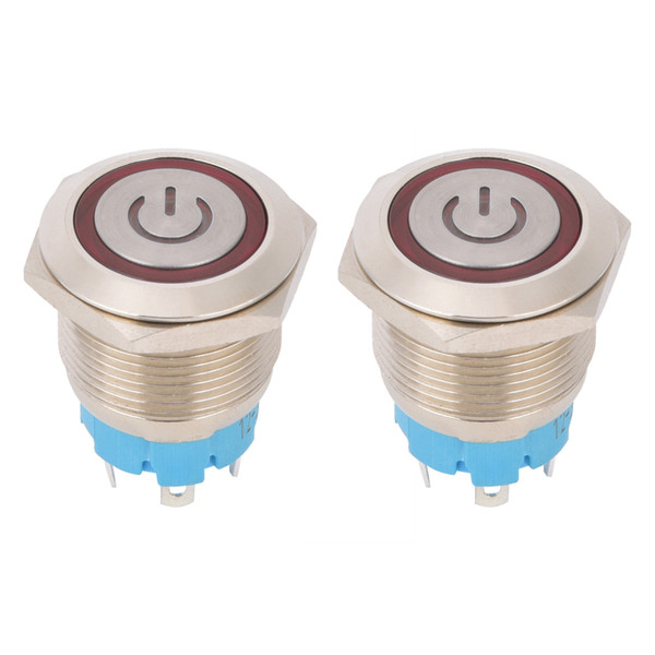 2Pcs Push Button Switch 4-Pin 19mm Round Flat Head Stainless Steel Shell with Light IP65 12-24VDCRed