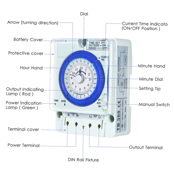 24-Hour Mechanical Timer with Battery 15-Minute Intervals Push Pins Non Power Failure 100V-240V 15A Time Switch Din Rail Ideal for Lights LED CFL