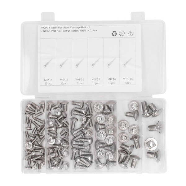 100Pcs Cap Head Square Neck Bolt Screw Round Carriage Nuts 304 Stainless Steel 6 Specifications