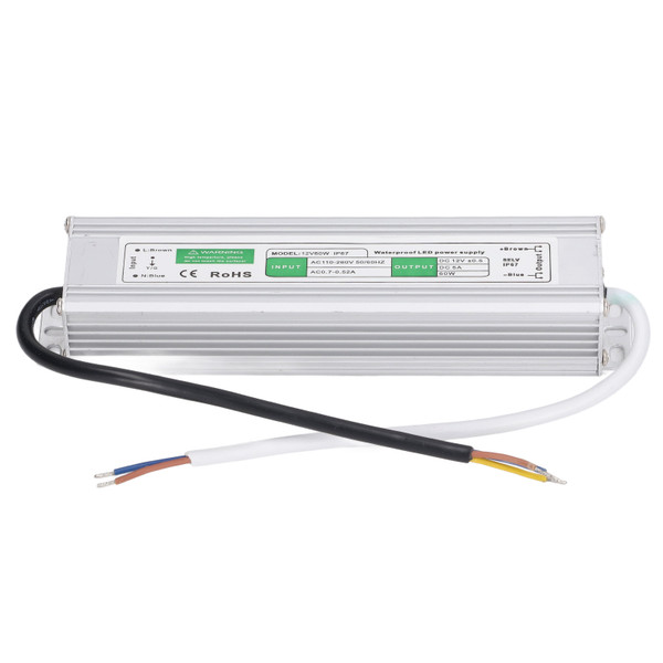 IP67 Waterproof LED Driver Low Voltage Transformer Power Supply 110V‑260VAC to 12VDC Converter 60W