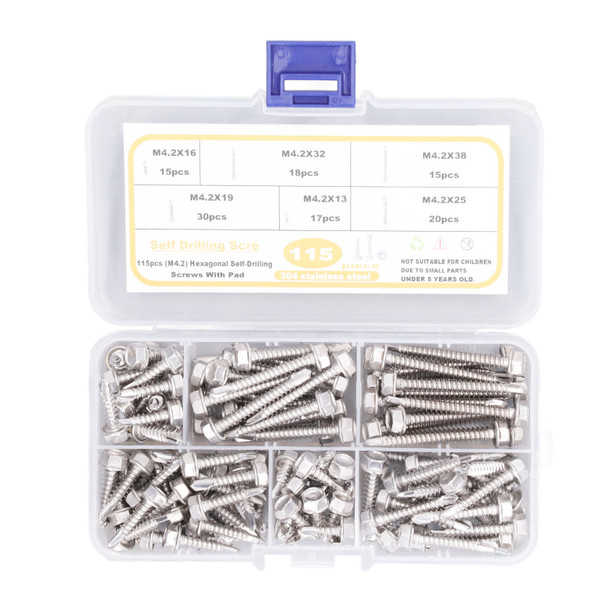 115PCS Hex Self Drilling Screw M4.2 304 Stainless Steel High Hardness Screws with Washer for Garage