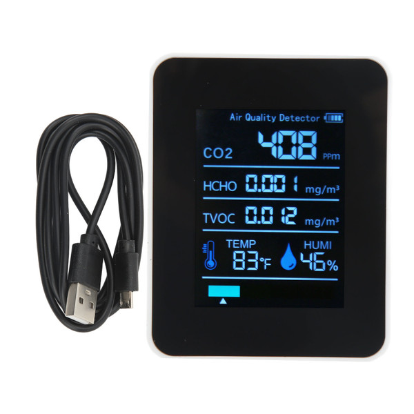 Air Quality Detector 5 in 1 Real Time Detect CO2 TVOC HCHO Temperature Humidity Monitor Portable Carbon Dioxide Meter White