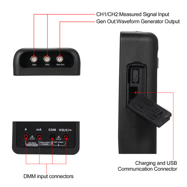 Hantek 2 in 1 Handheld Digital Oscilloscope + Multimeter Dual-channel 2 Channels USB Oscope Meter Portable Oscope Meter 40MHz Bandwidth 250MSa/s Sample Rate 2C42 TFT LCD Display Test Meter