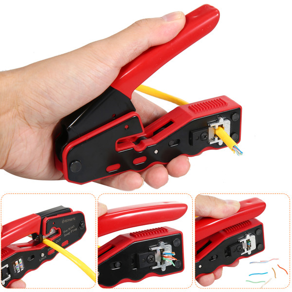 RJ45 Crimp Tool Kit All in One Pass Through Crimping Tool for Cat5e Cat6 Cat6a Pass Through Connector with 100Pcs Connectors 100Pcs Covers Network Cable Pliers Tester Blades